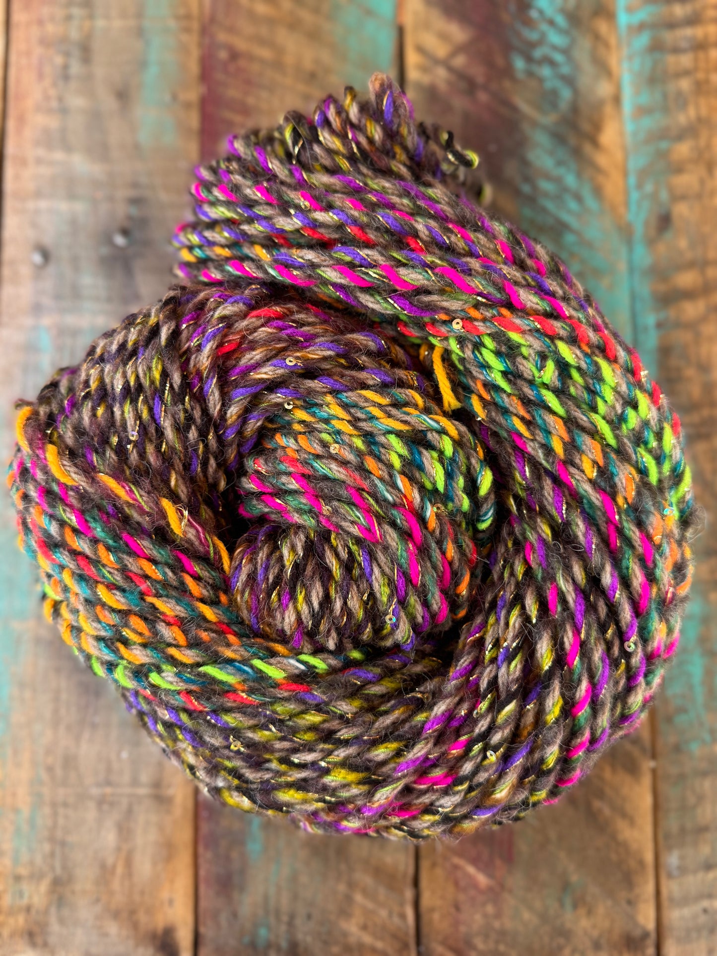 Hand Spun Bulky Alpaca Mohair Acrylic Nylon Metallic Sequins-Tropical Twist