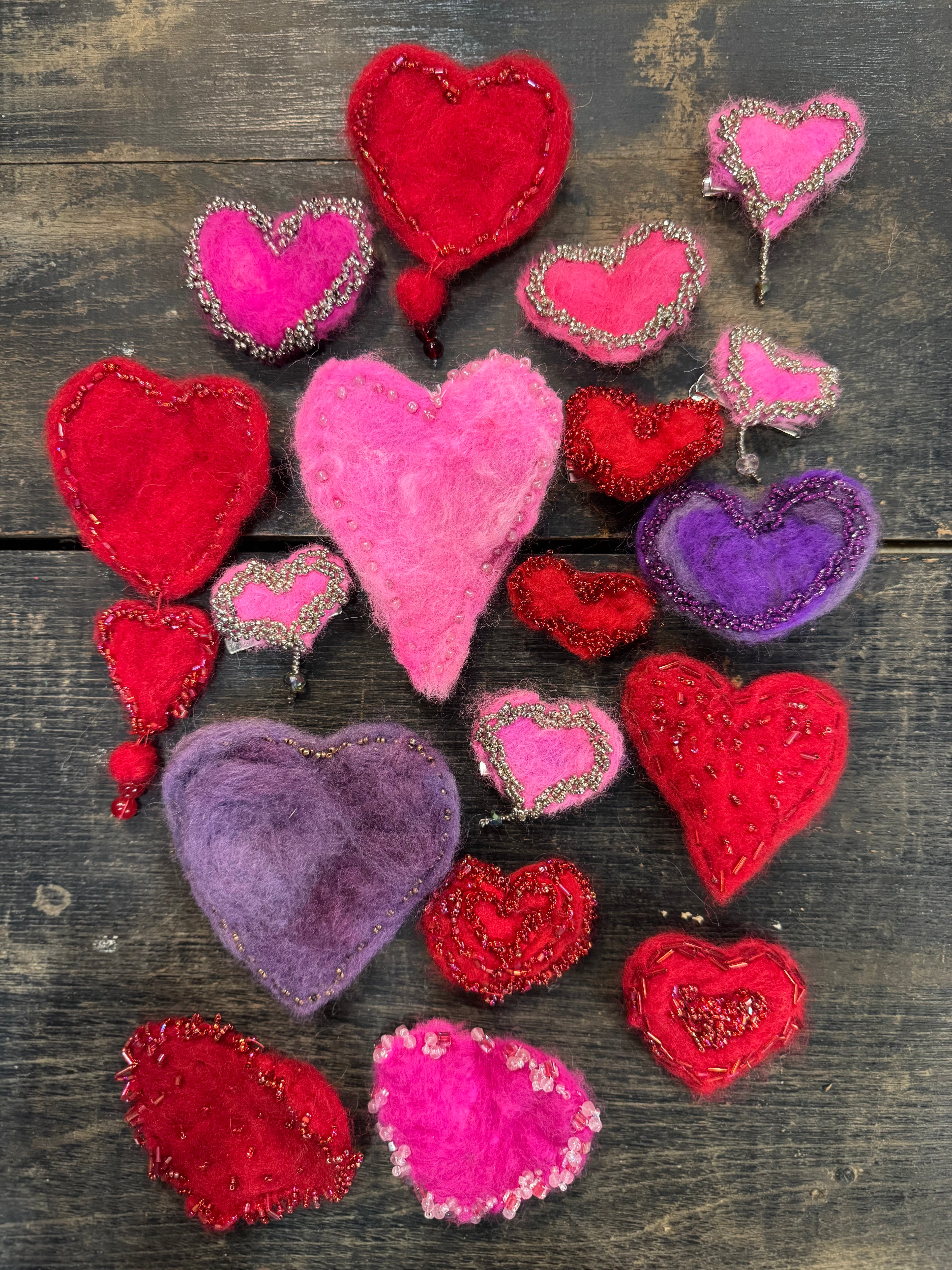 Felted Beaded Alpaca Hearts