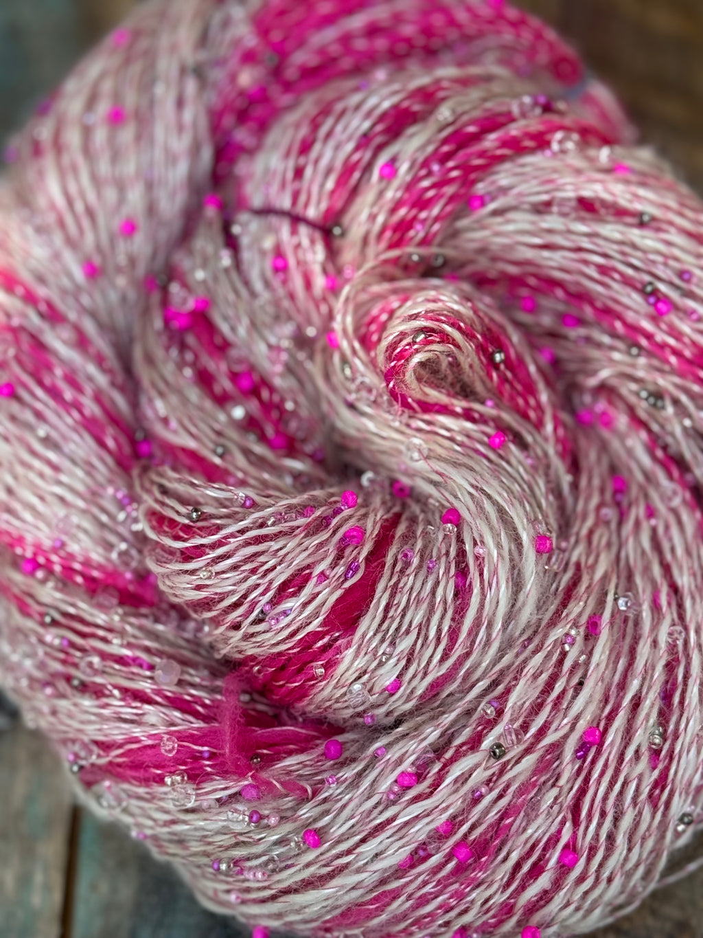 Hand Spun Alpaca Mohair Merino Glass Beads-Hot Pink
