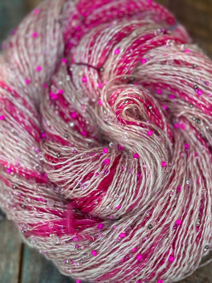 Hand Spun Alpaca Mohair Merino Glass Beads-Hot Pink