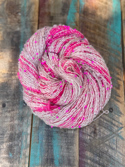 Hand Spun Alpaca Mohair Merino Glass Beads-Hot Pink