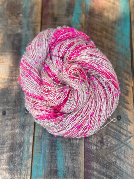 Hand Spun Alpaca Mohair Merino Glass Beads-Hot Pink