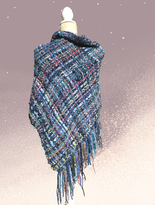Hand Woven Cut Strand Shawl Blue